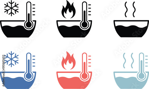 Hot and Cold Water Icon, solid vector illustration depicting water temperature control, hot and cold bath symbols, steam and ice indicators, thermometer in basin, and bathing comfort concept.