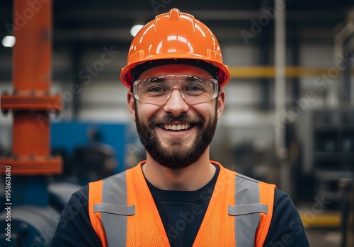 Smiling male professional in essential safety equipment, including an orange hard hat and protective eyewear, confidently working within a modern industrial environment