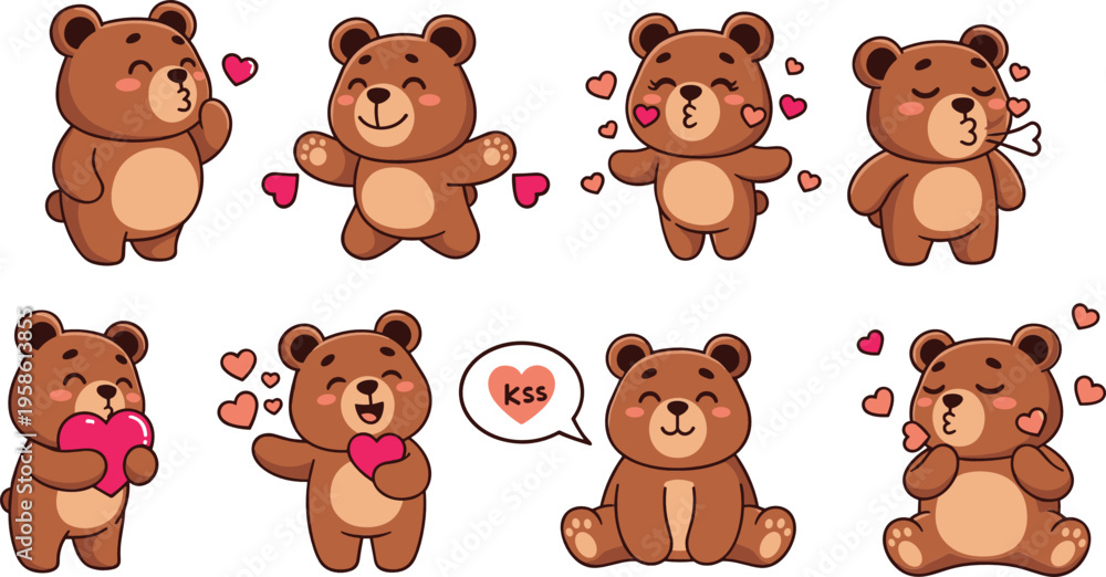Fototapeta premium Cute teddy bear characters expressing love with hearts, kisses, and romantic gestures in adorable cartoon flat vector illustration set