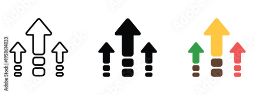 Growth arrow icon, three upload arrows vector illustration, upgrade button, level up symbol, progress chart pictogram, boost sign, increase diagram, improve, advance and success