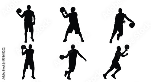 Silhouettes of basketball players in various action poses against a white background