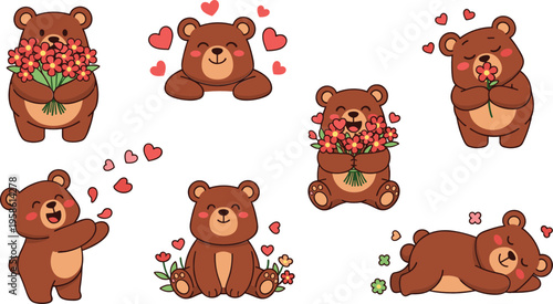 Cute teddy bear characters with flowers and hearts in romantic poses, adorable cartoon animals for love themed flat vector illustration set