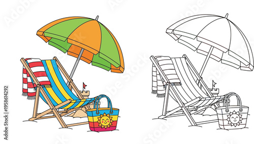 Summer beach vacation coloring page illustration featuring deck chair, umbrella, towel, bag, and sandcastle. Colored and black and white outline vector design.