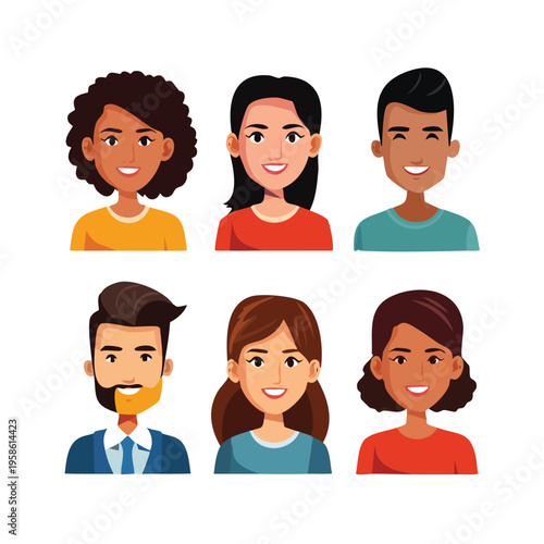 Diverse group of smiling people portraits in flat cartoon style isolated