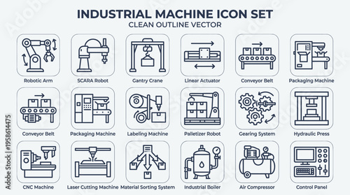 Clean Outline Vector Industrial Machine Icon Set for Factory Automation and Production