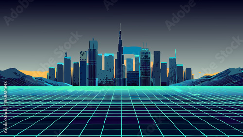 Retro wave cityscape with glowing neon grid and mountainous backdrop