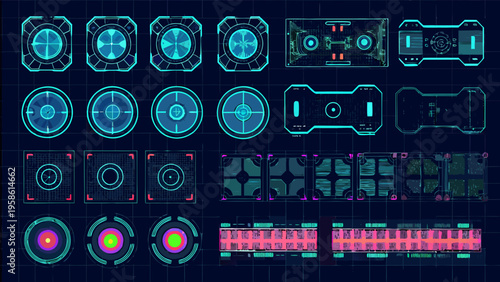 Futuristic user interface elements arranged in a grid pattern