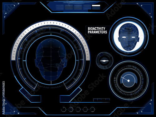 Futuristic interface displays a polygonal human head and biometric data readings