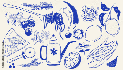 Hand drawn Mediterranean food set: Italian pasta, pizza and vegetables sketch illustration