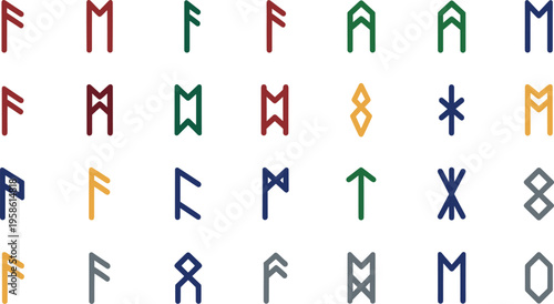 A collection of colorful runic symbols arranged on a white background