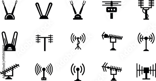 A collection of black antenna and wireless communication icons on a plain white background