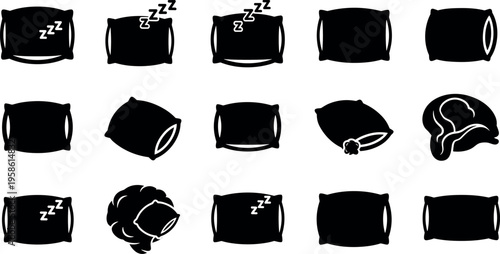 A set of black and white icons depicting various sleeping pillow positions