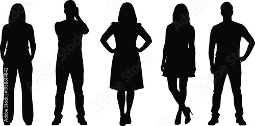 Five human silhouettes standing in a row