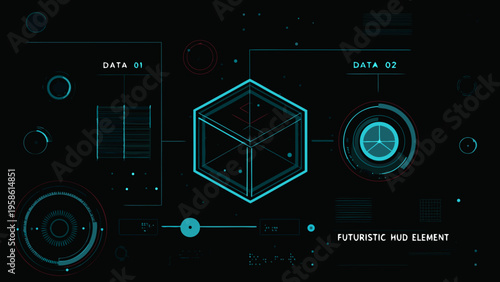 Futuristic interface with geometric shapes and glowing cyan lines on black
