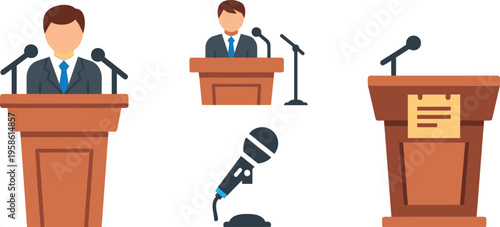 An illustration of various lecterns and microphones for public speaking events