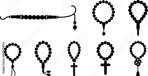 A collection of various prayer beads with different crucifixes and tassels