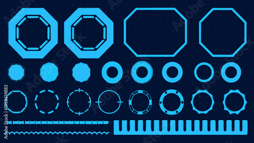 Collection of glowing blue octagonal and oval frame shapes on dark background