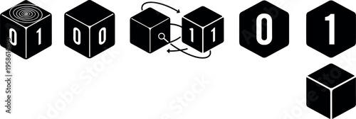 A collection of 3D blocks and hexagons with binary code symbols