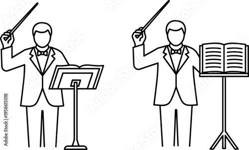 Two conductors leading an orchestra with music stands and batons in hand