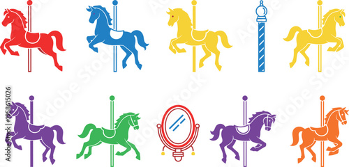 A colorful set of carousel horse icons in various bright hues arranged neatly