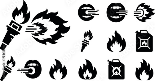 A collection of black flame and fire icons on a white background