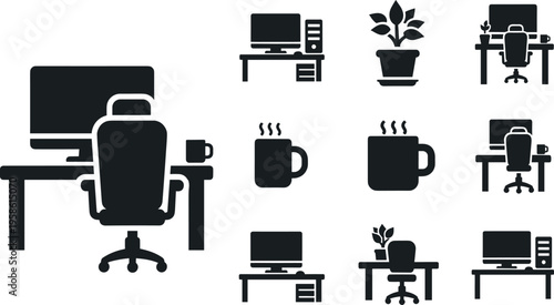 A collection of office icons featuring desks and computer workstations with accessories