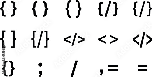 A collection of coding symbols and brackets on a plain background