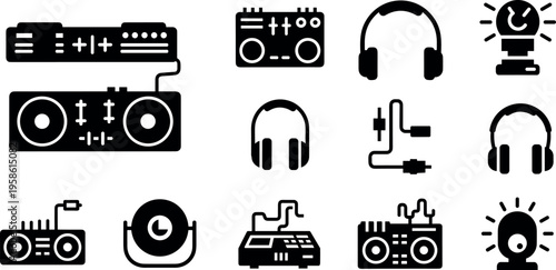 A collection of black icons representing various music and audio equipment