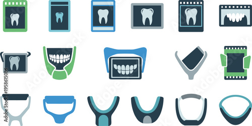 A collection of dental icons and orthodontic appliances on a white background