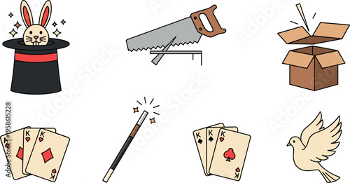 A collection of cartoon magic items for an illusionist's performance tricks