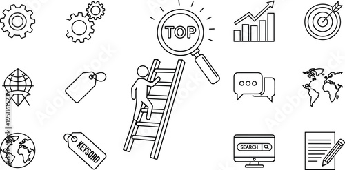 A person climbs a ladder to reach the top with various business and search icons surrounding them