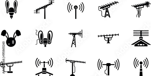A collection of various antenna and transmitter icons in black and white