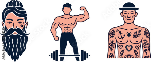 Three muscular and tattooed men with different body art and styles