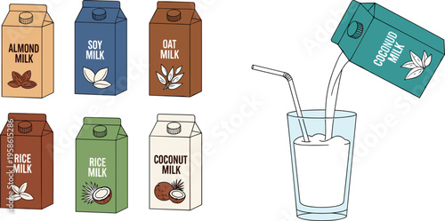 A variety of plant-based milk cartons with one pouring into a glass