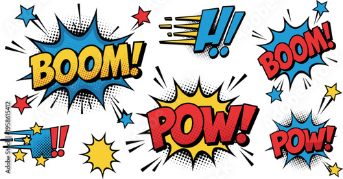 A vibrant collection of comic book style explosion and action graphics