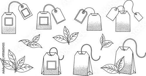 An illustration of various herbal tea bags and leaves on a white background