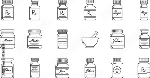 A collection of black and white illustrations of various medicine bottles