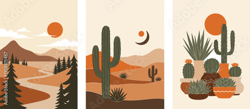 Vector desert triptych illustration featuring landscapes with mountains, cacti, succulents, and decorative potted plants