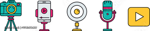 A colorful illustration of various recording and streaming equipment icons