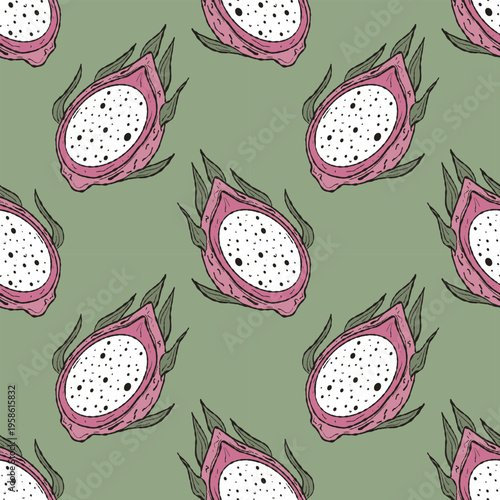 Modern Artisan Pitaya Seamless Pattern. Hand-Drawn Dragon Fruit Vector for Wellness Branding and Tropical Textile Design