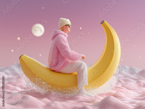 Wallpaper Mural 3D Render of Person Riding Giant Banana Moon through Pink Nebula Water Aesthetic Torontodigital.ca