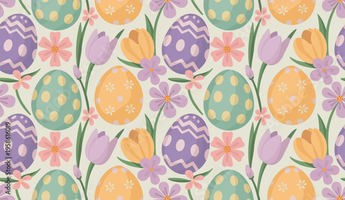 Easter seamless pattern. Hand drawn horizontal seamless Easter pattern with decorated eggs and flowers for banners, posters, design templates, social media, wallpapers and greeting cards, textile