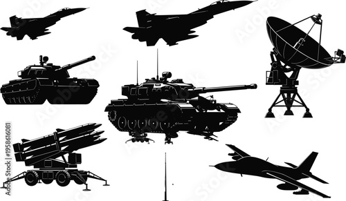 Professional military defense vector silhouette collection featuring fighter jets, heavy battle tanks, surface to air missiles, radar systems and combat drones.