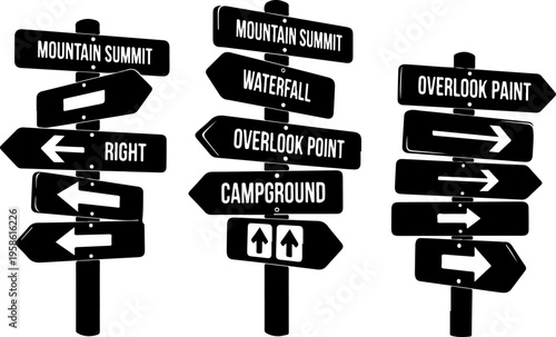 directional signs, trail signs, black and white, vector icons, directional markers