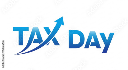 A blue vector graphic illustration of a tax day logo with an upward arrow