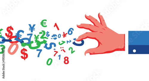 A hand reaching out to grab colorful currency symbols and numbers floating in the air