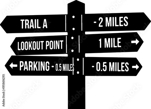 directional sign, trail signs, black and white, directional arrows, signpost
