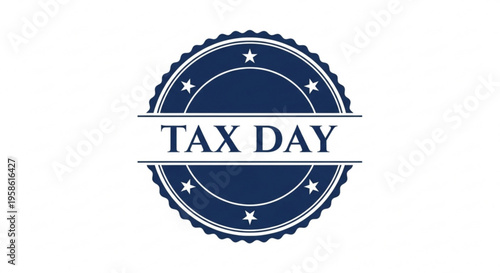 A blue and white vector graphic illustration of a Tax Day seal or stamp with stars and a circular design
