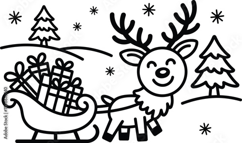 Jovial cartoon reindeer pulls a gift filled sleigh past two evergreen trees in a snowy winter setting