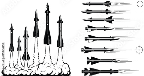 Rocket and missile silhouette illustration collection, aerospace and defense artwork, technology design concept, black and white vector template set